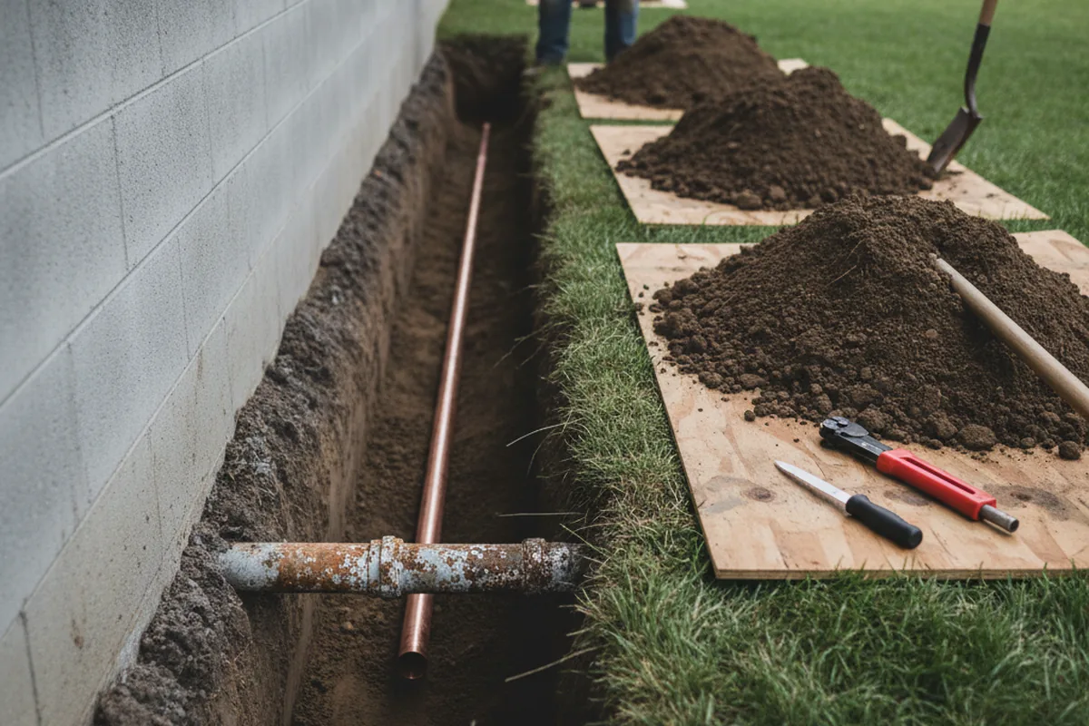 Excavated water line trench during Sewer Line Repair in Cawood